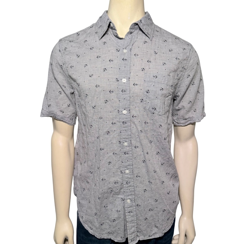St Johns Bay Button Down Shirt Mens Medium Grey Excellent Anchor Print Cotton